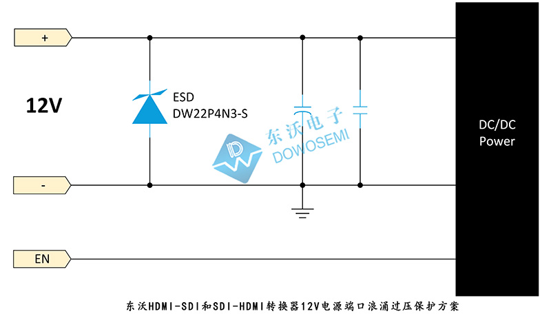 東沃HDMI-SDI和SDI-HDMI轉(zhuǎn)換器12V電源端口浪涌過壓保護(hù)方案.jpg